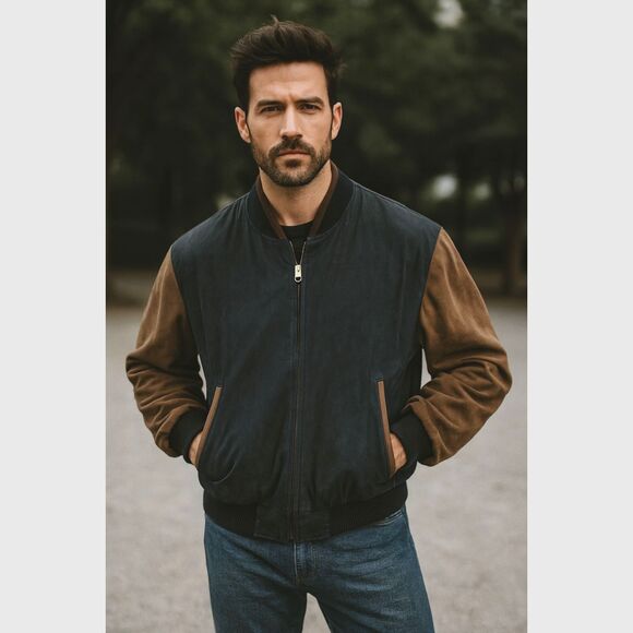 Members Only Blue Brown Leather Suede Full Zip Jacket Coat  Mens Size 2XL - Picture 1 of 11